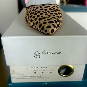 Guilhermina pointy toed flat with heart shaped padding and spotted faux fur